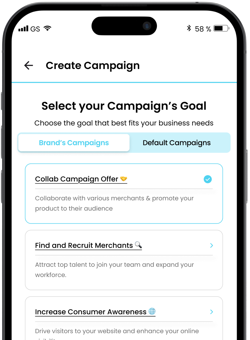 Rulrr Create Campaign — Brand’s Campaigns goal selection
