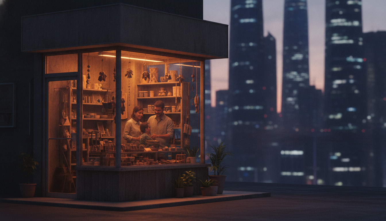 A small family shop standing bright against a looming corporate skyline