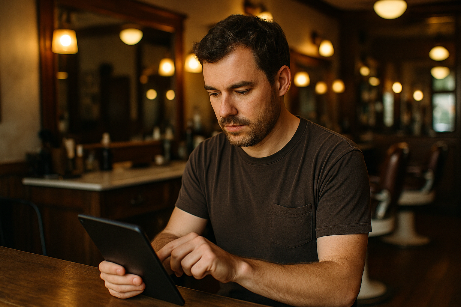 A barbershop owner updating his Google Business Profile on a tablet between client appointments