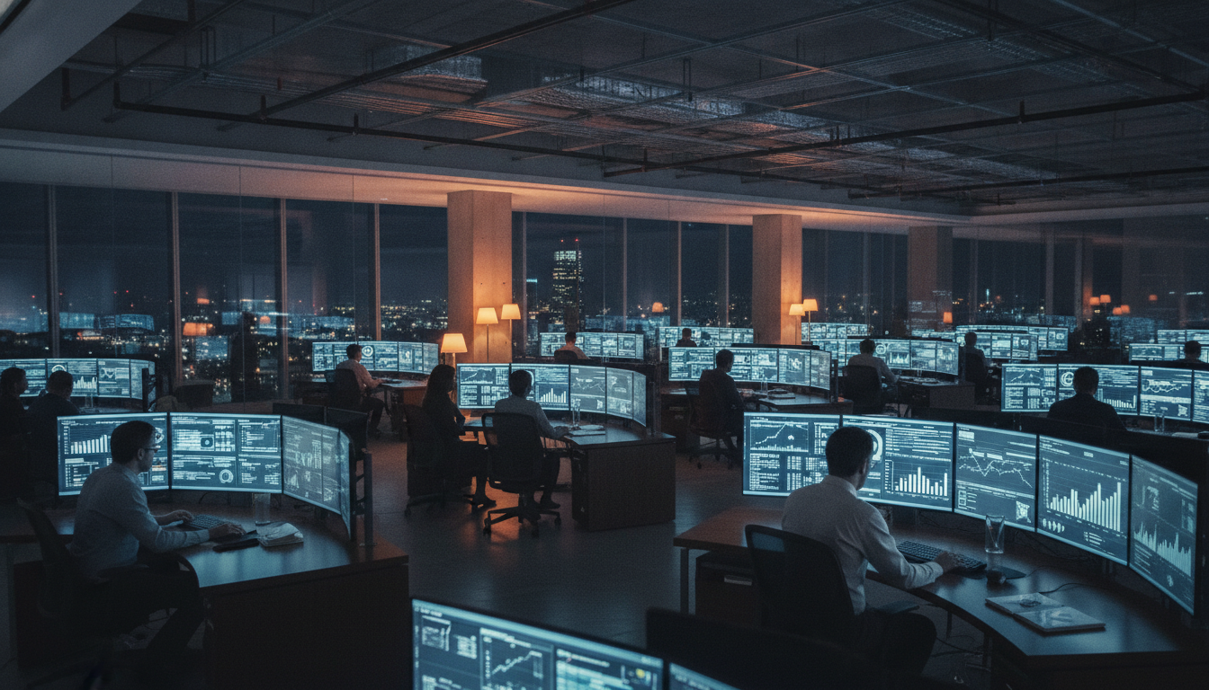 A large corporate marketing operations room full of analysts and dashboards