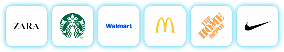 Enterprise brands including Zara, Starbucks, Walmart, McDonald's, Home Depot, and Nike