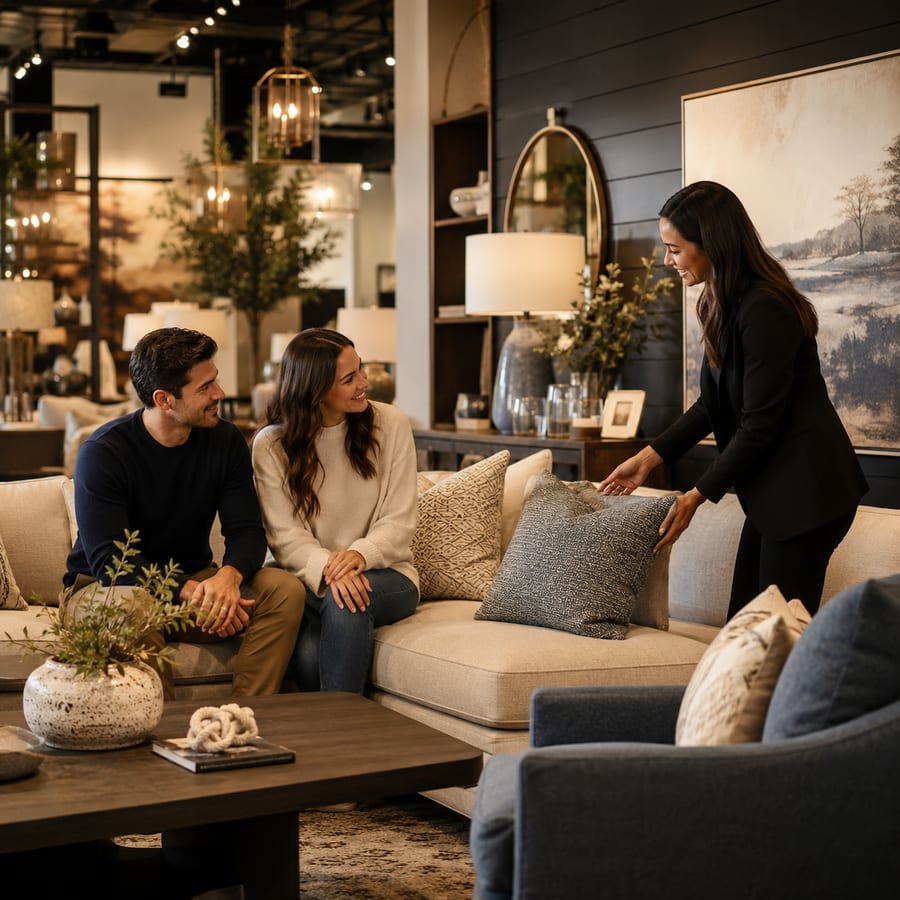 Furniture showroom staff helping customers
