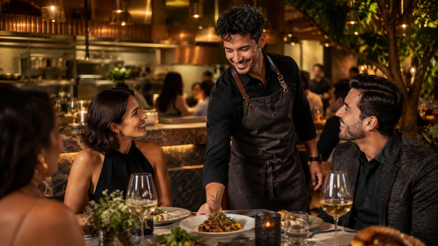 Restaurant staff working together in a busy dining room