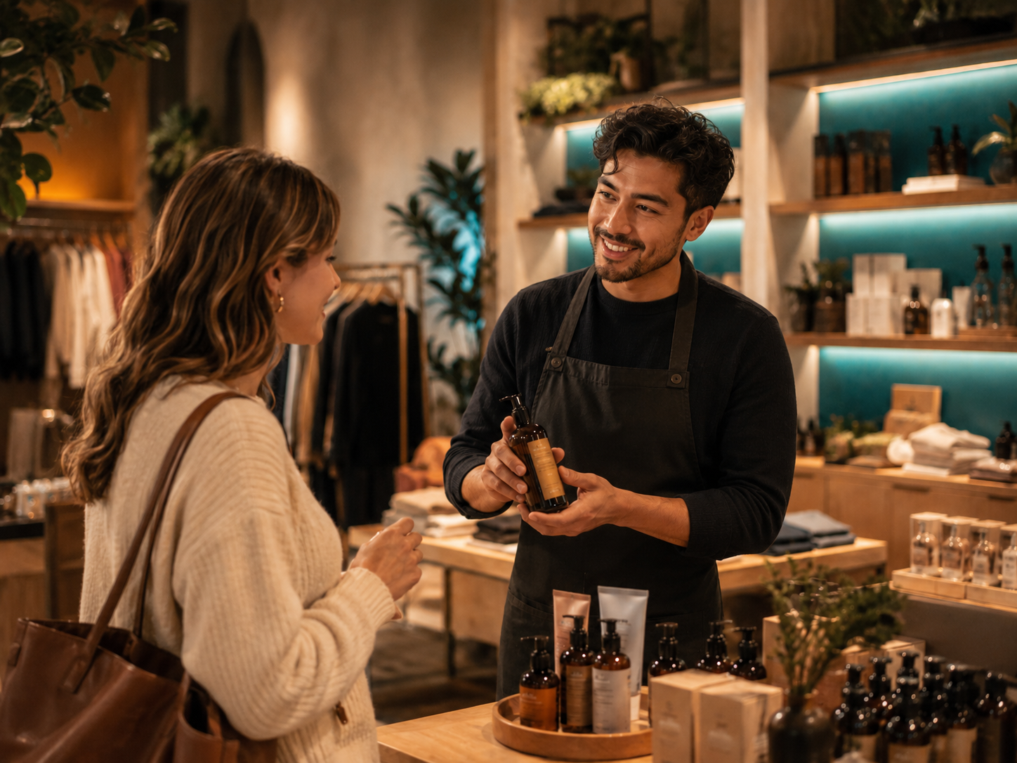 Retail associate helping a customer with a product in a modern shop